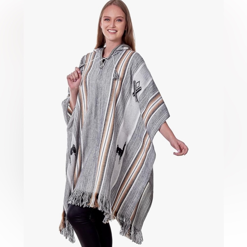 Gamboa Black and White Alpaca Wool unisex hooded pull over knitted Poncho
